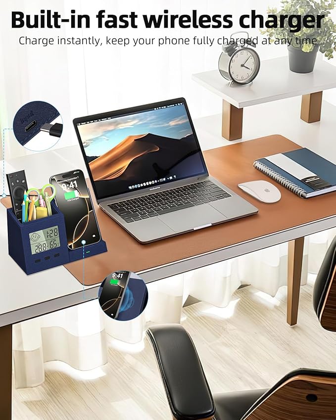 3-in-1 Wireless Charger with Pen Holder, Desk Clocks with Temperature and