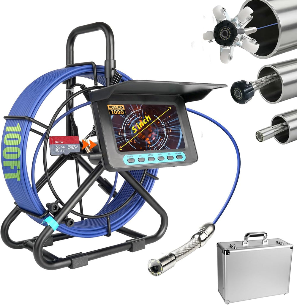 Box-Type100FT Sewer Camera 5" Screen 1080P HD Pipe Inspection Borescope