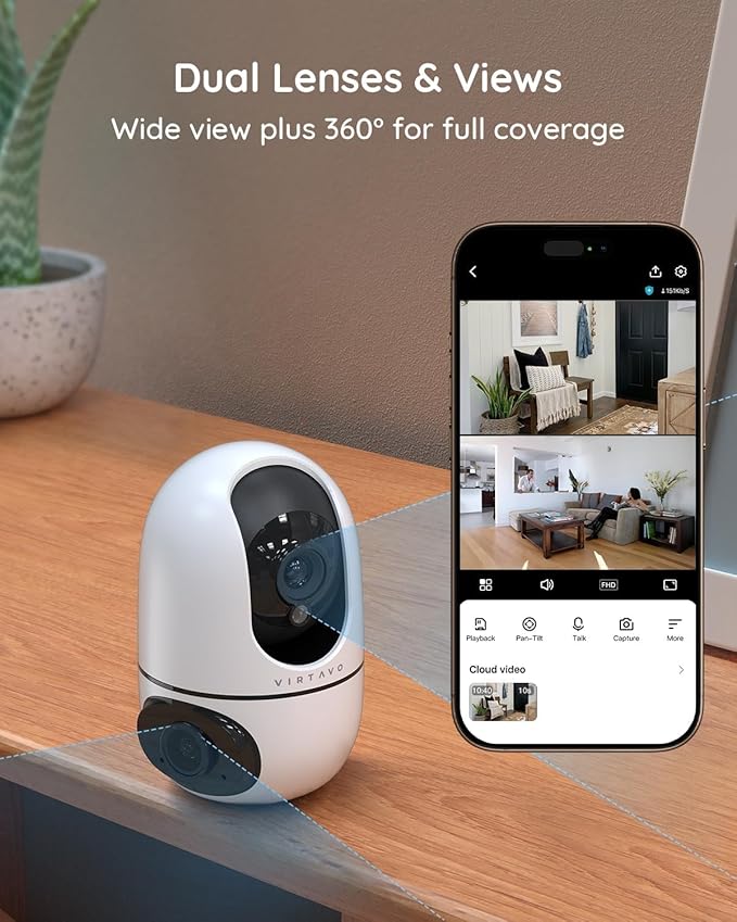 virtavo XD1 Indoor Pet & Baby Camera, No Subscription Required, Dual-Lens...