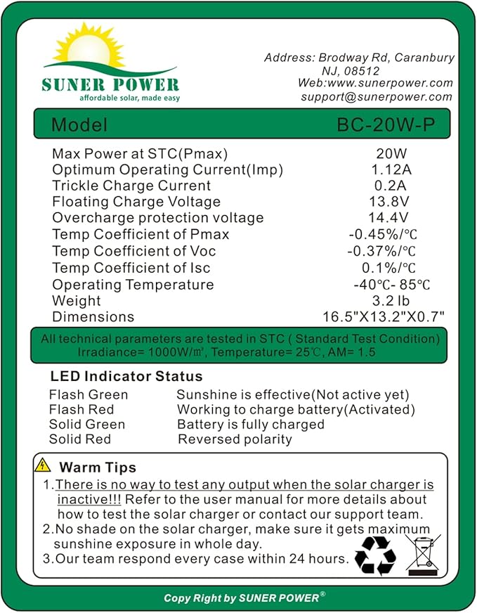 SUNER POWER 20W 12V Solar Battery Charger Maintainer, Built-in Smart MPPT