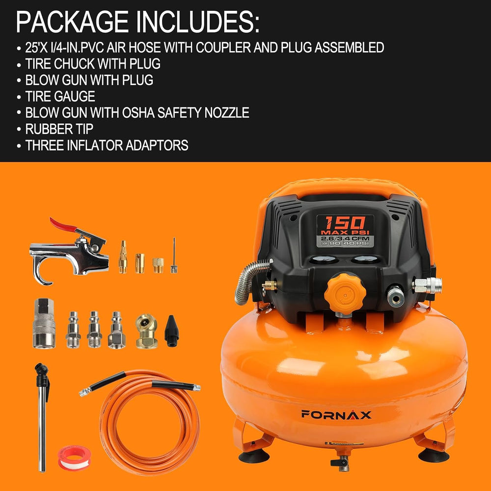 FORNAX Pancake Air Compressor with two couplers, 6 Gallon Portable Electric a...