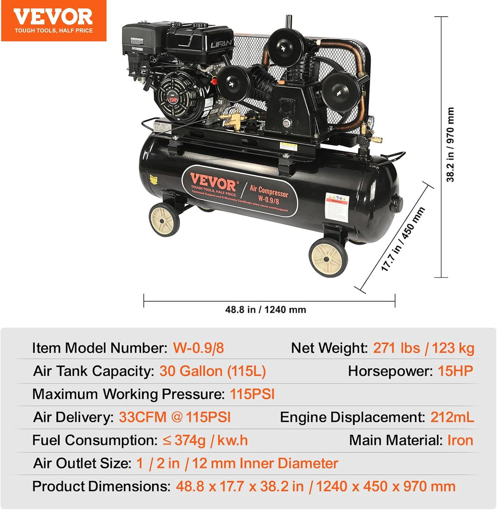 VEVOR 15HP Gas Powered Air Compressor, 30 Gallon Horizontal Air Compressor Ta...