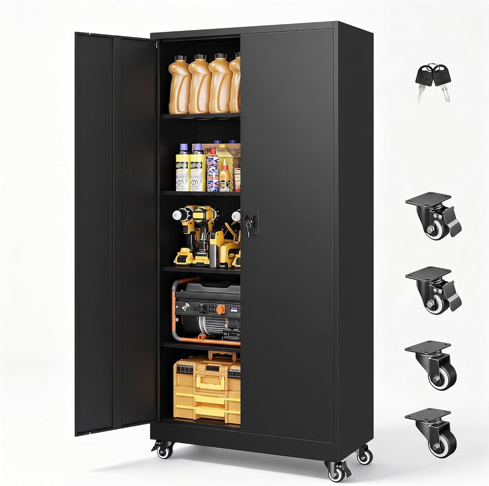 Metal Garage Storage Cabinet with Locking Doors and Adjustable Shelves, Wide ...