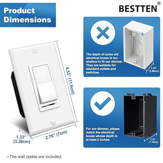 BESTTEN 6 Pack Dimmer Light Switch, LED Dimmer Switch, Single-Pole or 3-Way