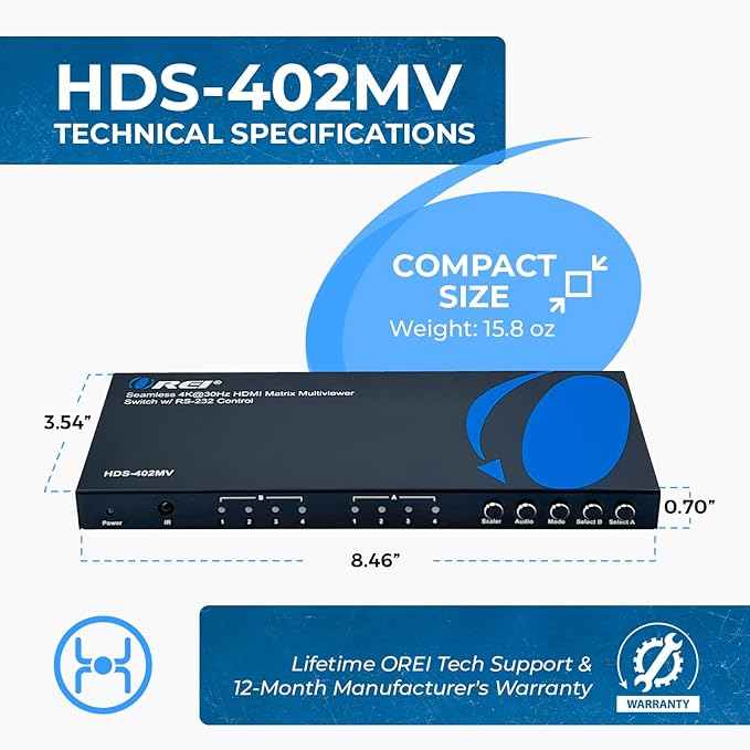 OREI Quad Multi HDMI Viewer 4 in 2 Out, HDMI Matrix Switcher 4 Ports Seamless