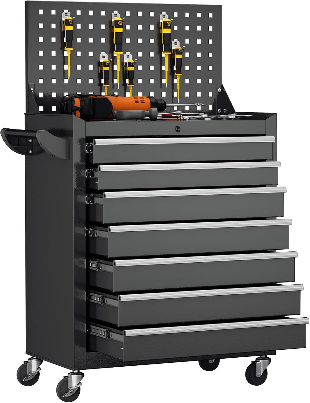 Greenvelly 7-Drawer Rolling Tool Chest with Pegboard, Pre-Assembled Metal Too...