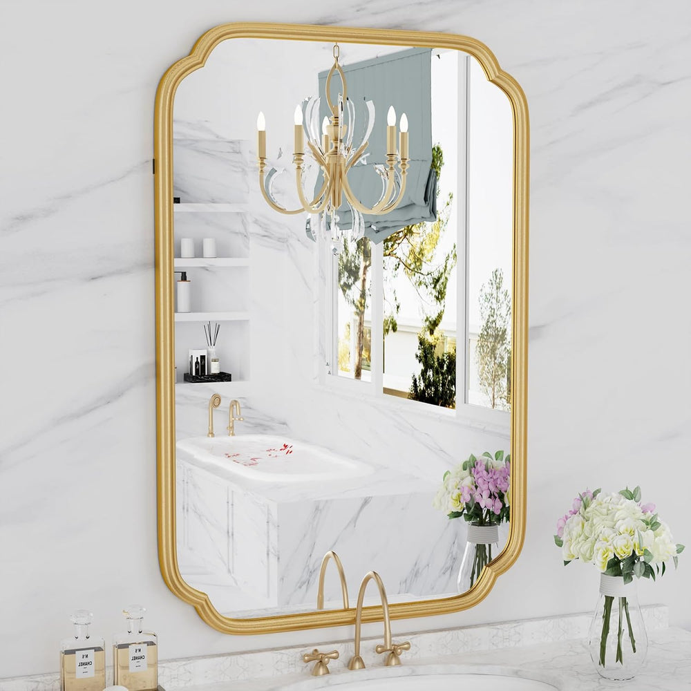 Gold Bathroom Mirror for Wall 20" x 30" Modern Rounded Corner Recta...