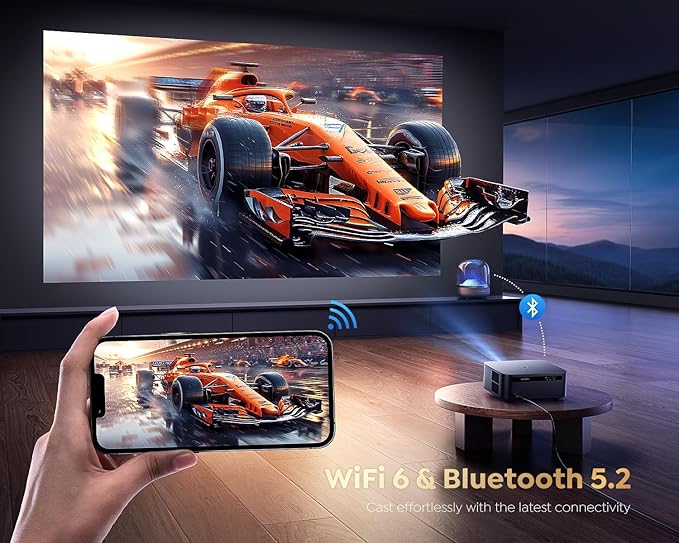 Smart Projector with WiFi 6 and Bluetooth, 4K Support, Outdoor Movie Proyector