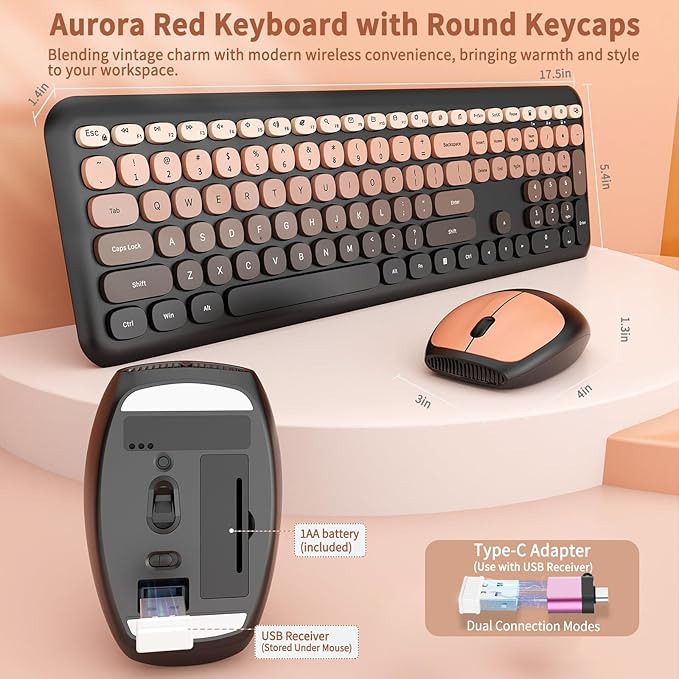HotFox Wireless Keyboard and Mouse Combo, Full-Size Retro Typewriter Keyboard