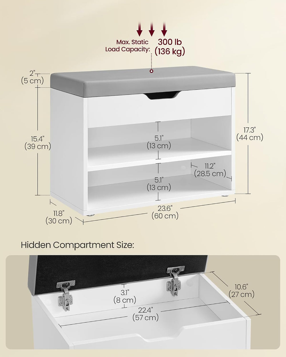 VASAGLE Storage Bench with Cushion, Shoe Bench, 11.8 x 23.6 x 17.3 Inches