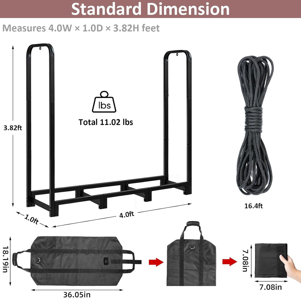 Firewood Rack with Log Carrier, 4FT Outdoor Wood Rack for Firewood, Heavy Dut...