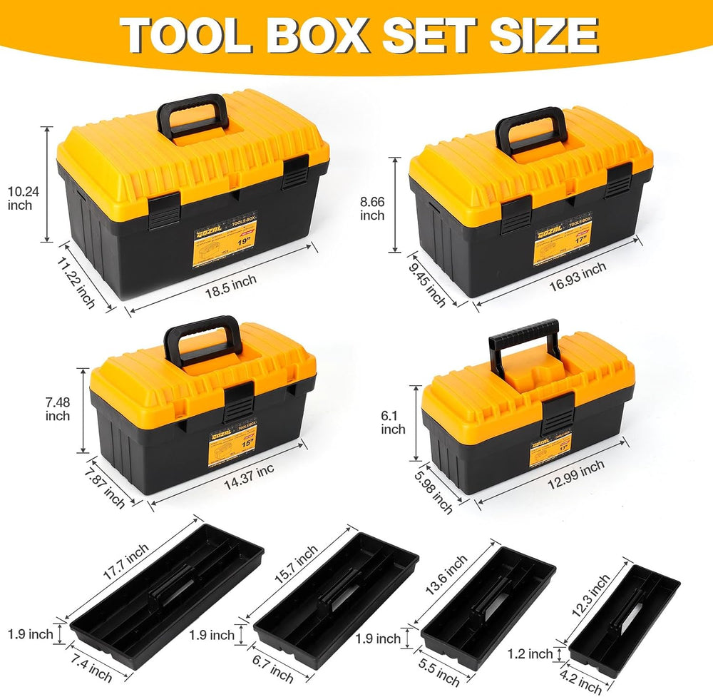 Tool Box Set of 4, Large Plastic Stackable Tool Boxes for Tool Storage