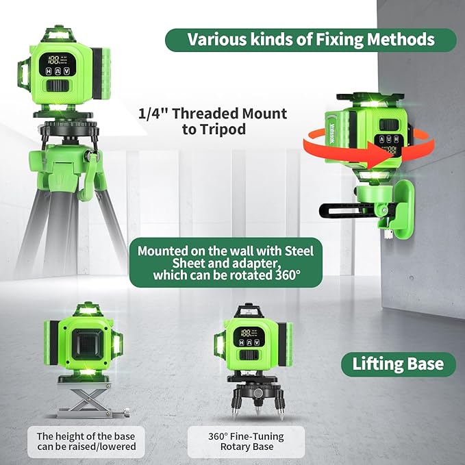 16 Line Laser Level 360 Self Leveling, 4x360°Professional 4D Green Cross Line