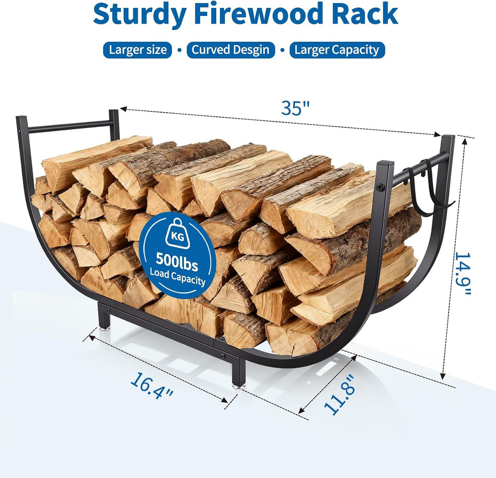 35’’ Firewood Rack Outdoor w Thicken Cover, Curved Metal Wood Rack Indoor
