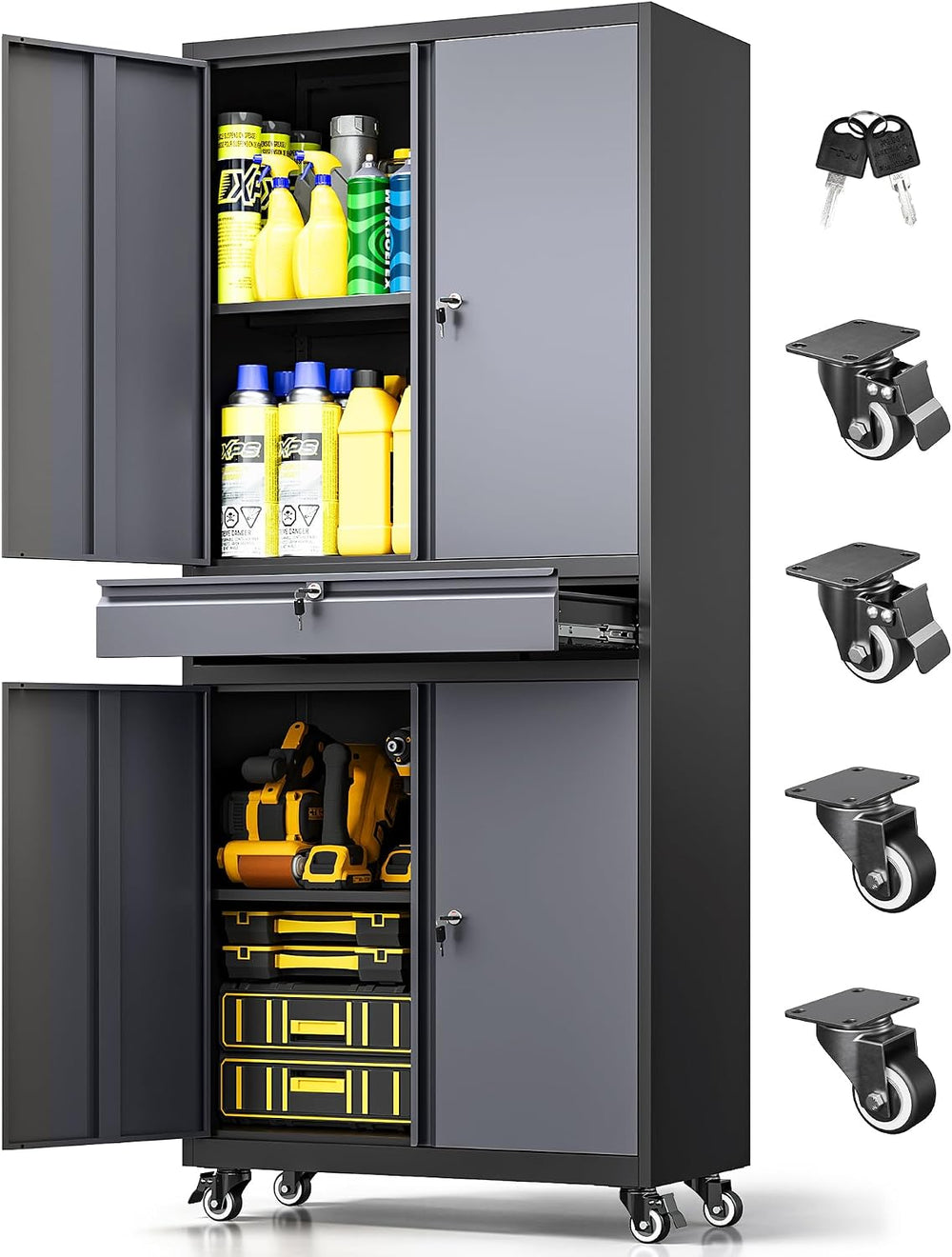 73" Metal Garage Storage Cabinet with Wheels， Rolling Tool Storage with ...