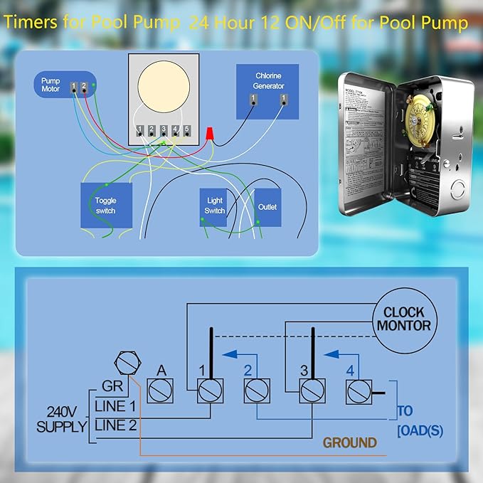 T104 Mechanical Timer Switch, 208–277 VAC 40 Amp, Pool Pump Switch, 24 Hour 12