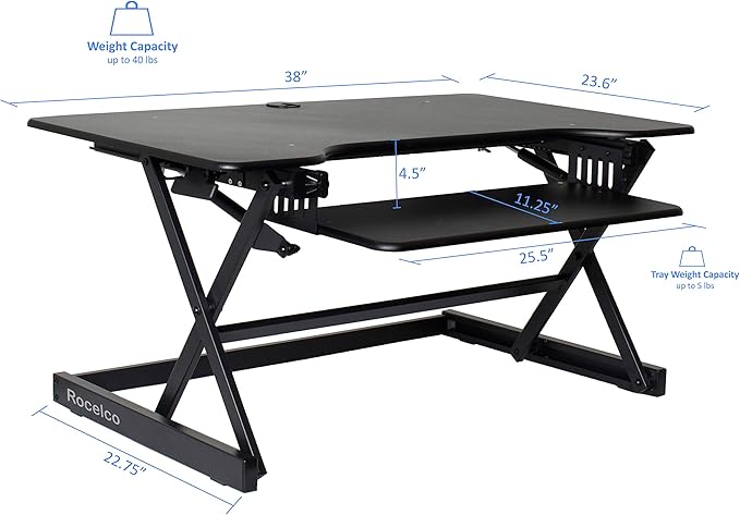 Rocelco 38" Large Height Adjustable Standing Desk Converter