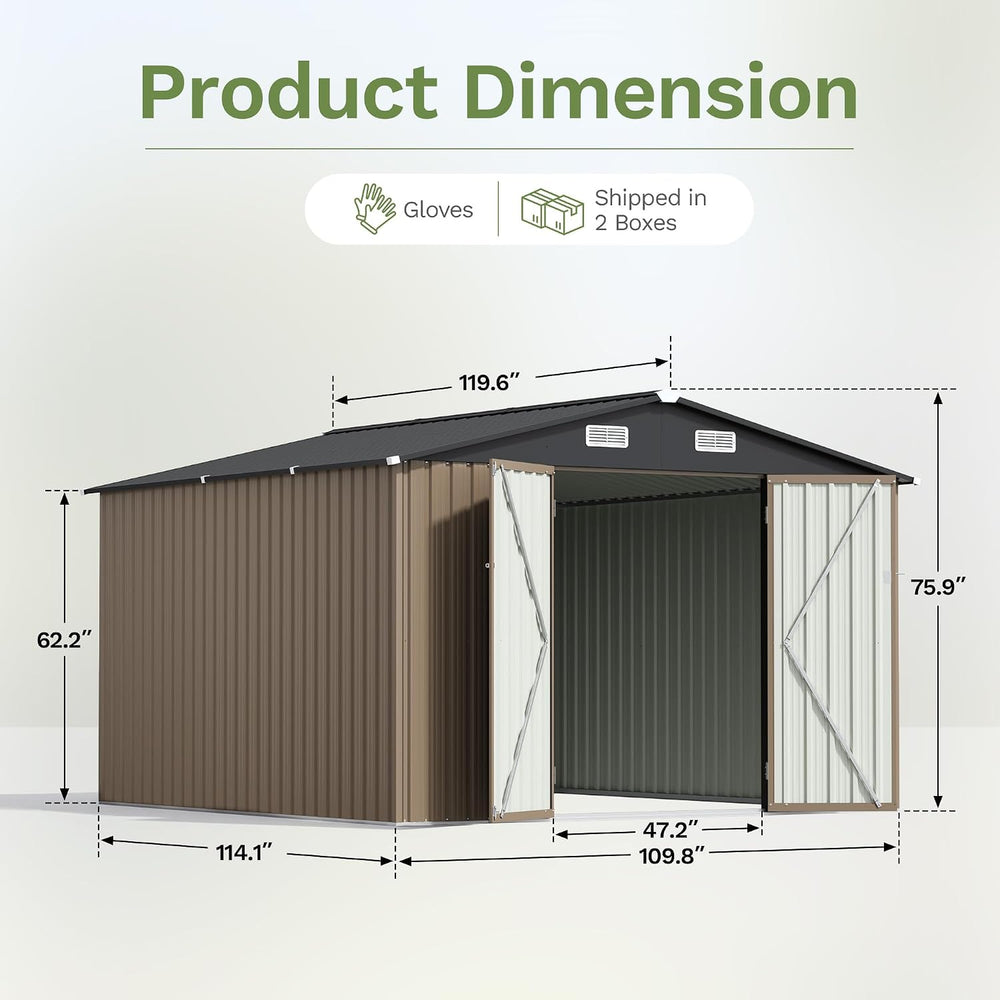 Patiowell 10x10 FT Storage Shed, Outdoor Metal Sheds, Brown