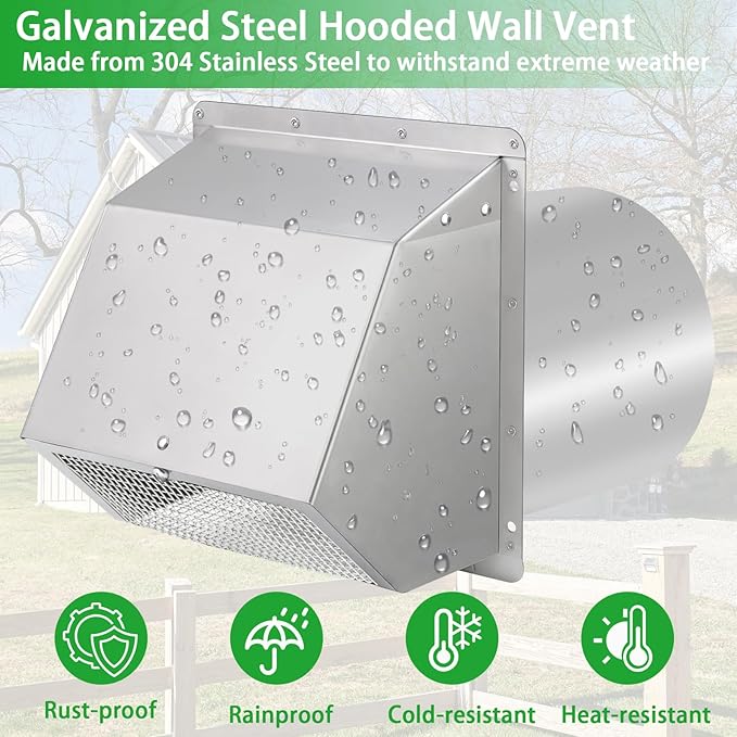 12 Inch Hooded Wall Vent with Screen and Damper, Outdoor Wall Exhaust Vent