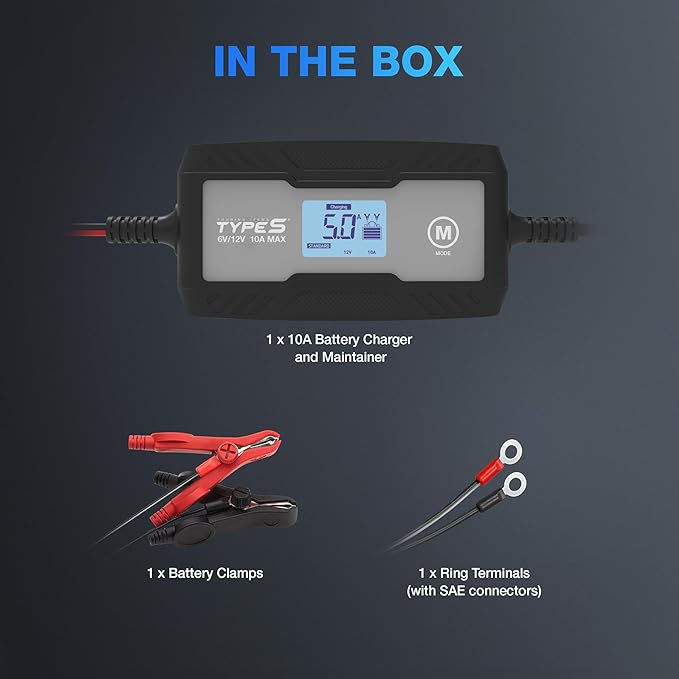 Type S 10A Smart Battery Charger & Maintainer, 6V & 12V Fully Automat...