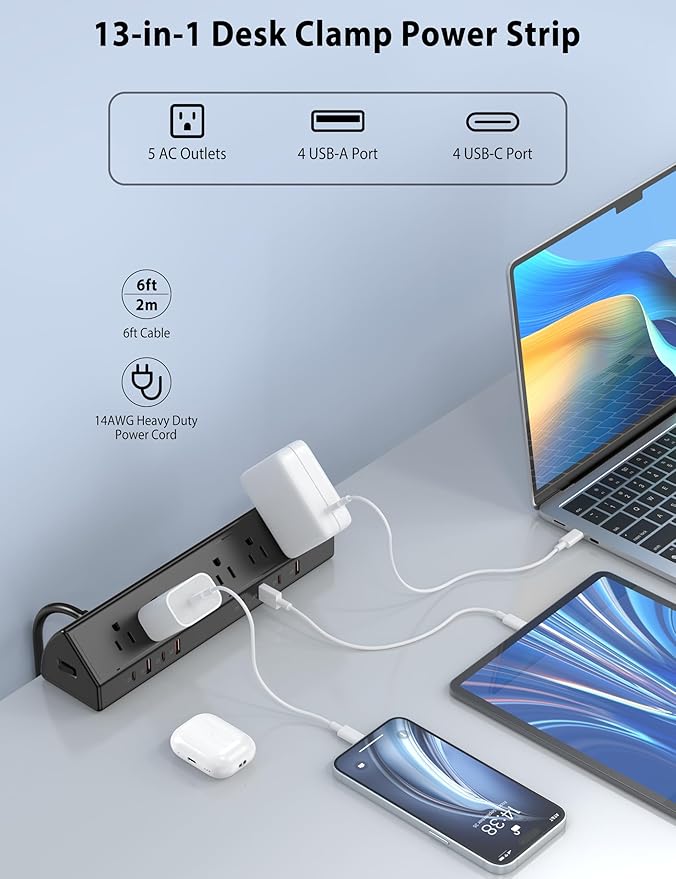 Desk Clamp Power Strip 65W Fast Charging Station, 4 PD USB-C, 5 Outlets