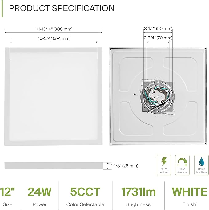 ASD LED 12" Square Flush Mount Ceiling Light Fixture, Low Profile Surface