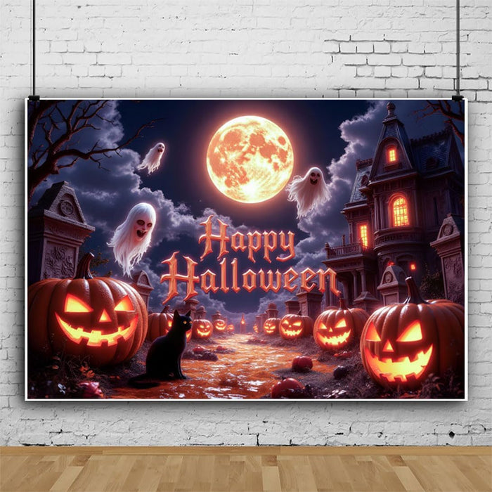 15x10ft Halloween Backdrops for Photoshoot Spooky Golden Full Moon Pumpkin Ghosts Happy Halloween Photo Backdrop for Photography Haunted Mansion Decorations Background Studio Photo Booth Props