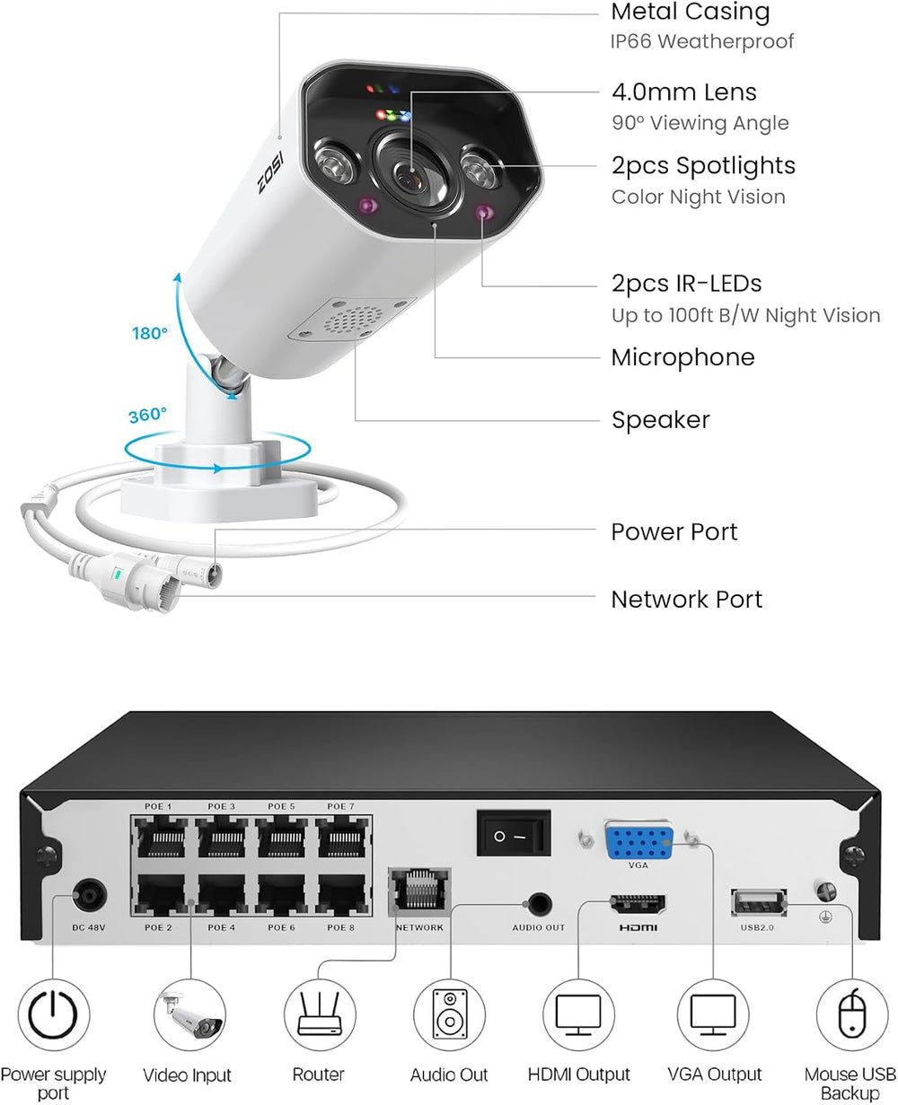 ZOSI 8CH 4K PoE Security Camera System with 2TB HDD, 6 x 8MP Metal Cameras