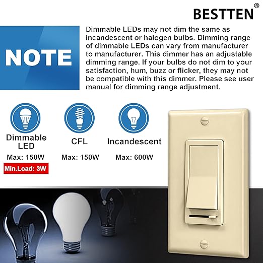 BESTTEN 6 Pack Dimmer Wall Light Switch, Compatible