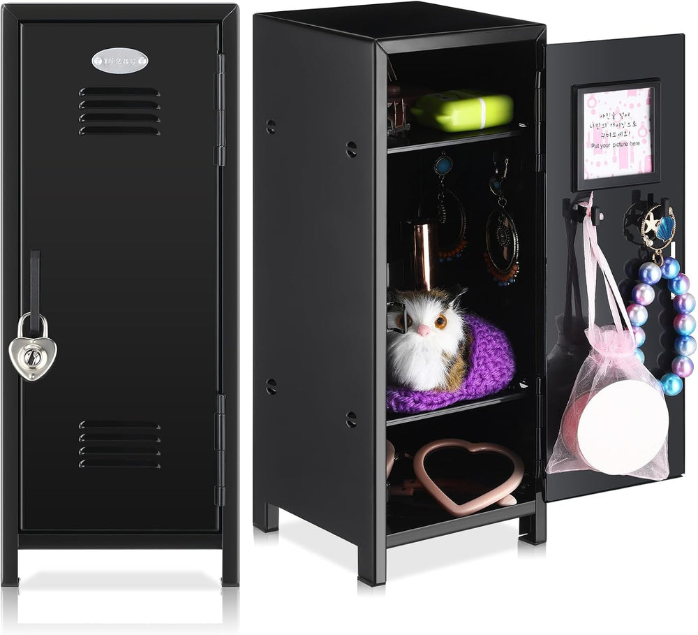 Vercraft 2 Pcs Mini Metal Locker with Lock, 10.8 Inch Safe Box, Black
