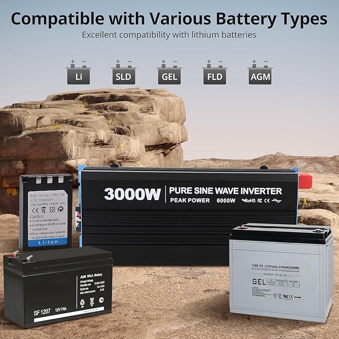 3000W Pure Sine Wave Inverter 1 USB Port 5v/2.1a, LCD Display&Remote Cont...
