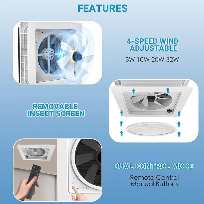 2012 14" RV Roof Vent Fan with LED Light, Air Max Reversible Exhaust Vent