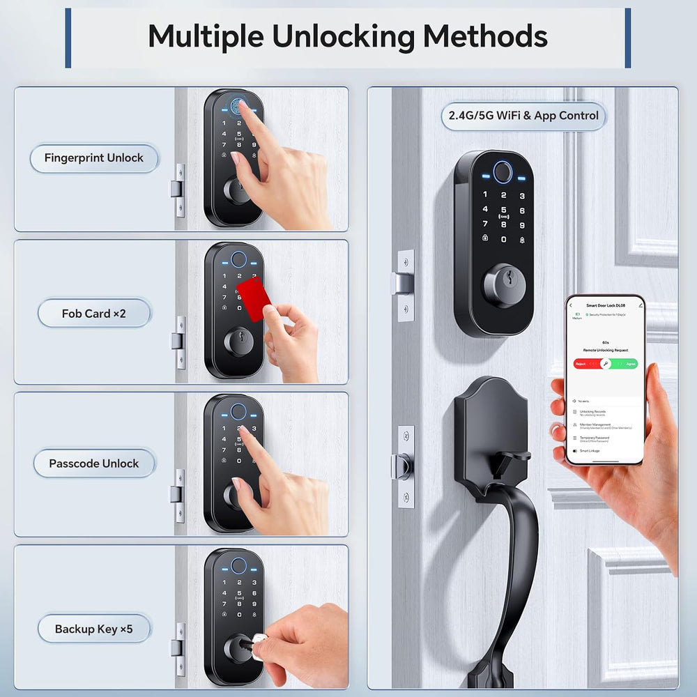Ulecoce DL08H 7-in-1 Fingerprint Smart Door Lock for Front Door with Handle