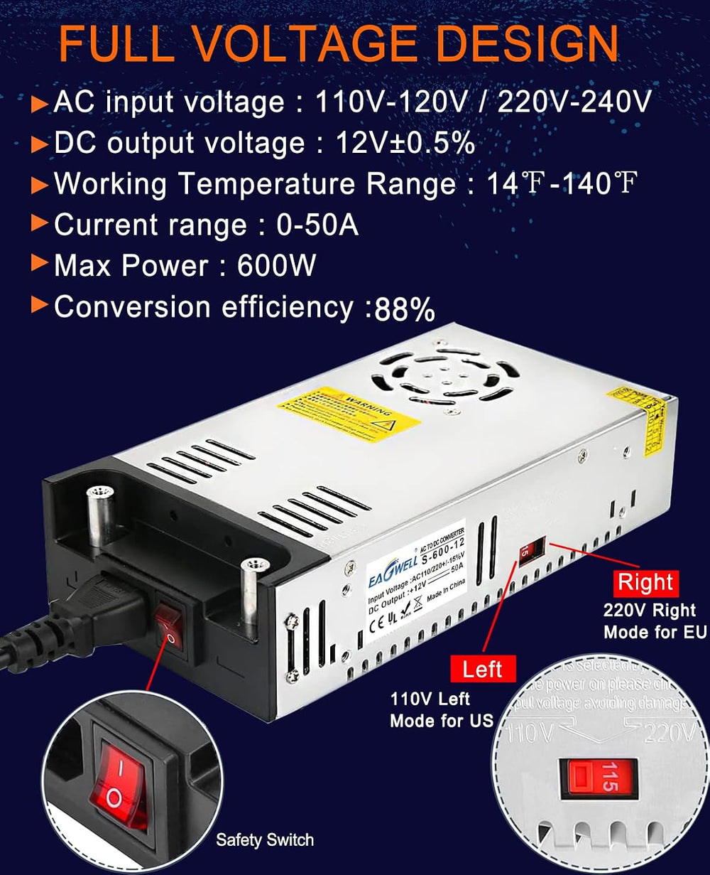 EAGWELL 110V AC to 12V DC Converter 600W Power Supply 50A