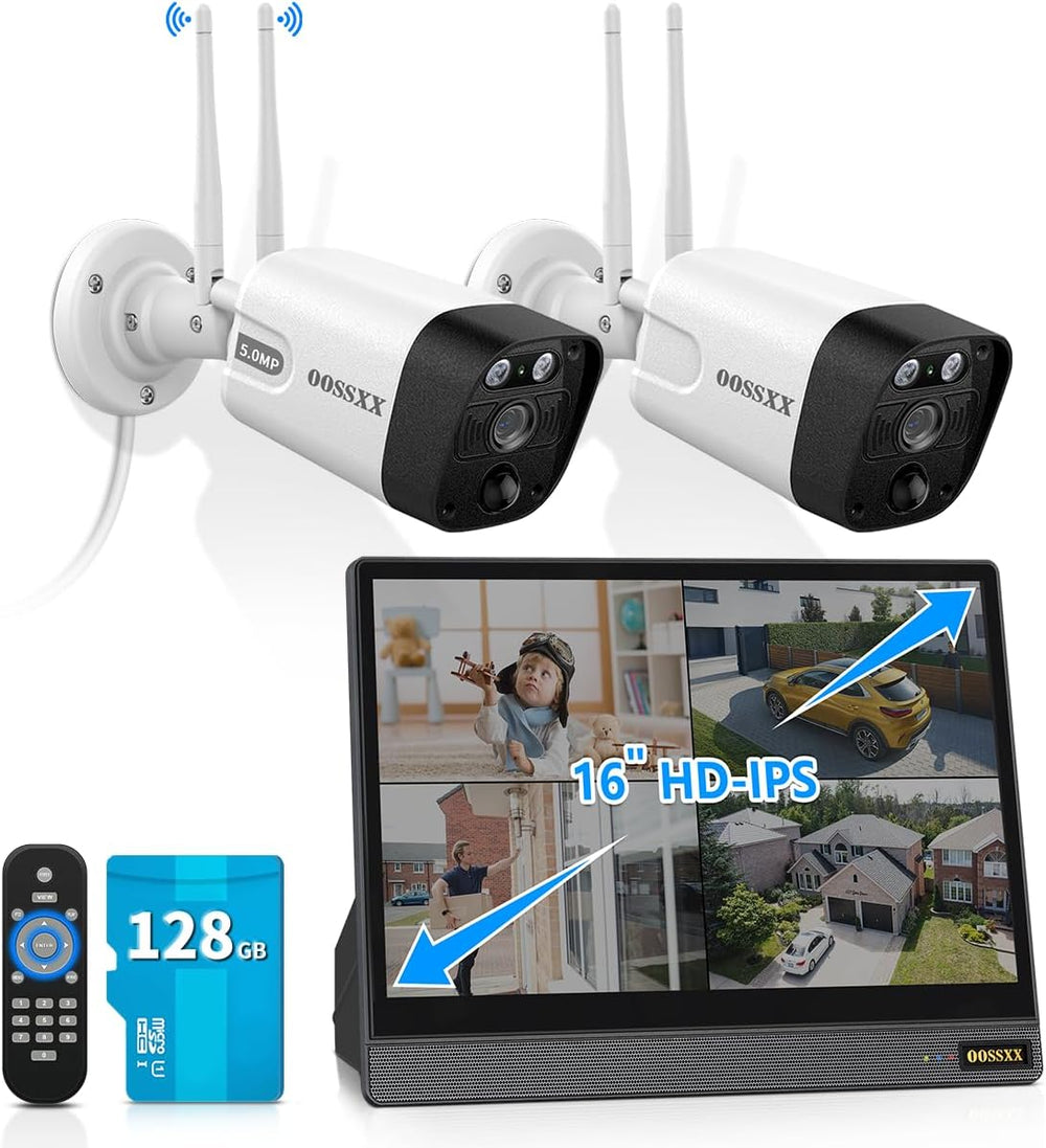5MP WiFi Security Camera System, 10CH NVR with 16" IPS Monitor, 128GB