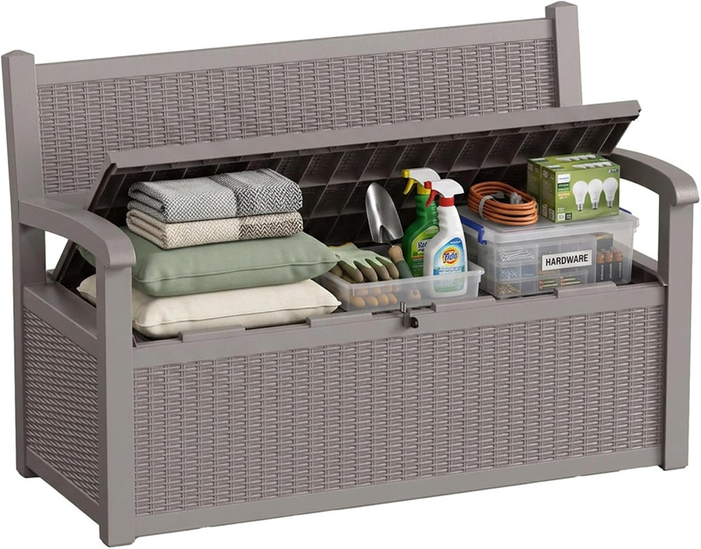 80 Gallon Storage Bench Deck Box Resin Patio Furniture with Armrest, Waterpro...