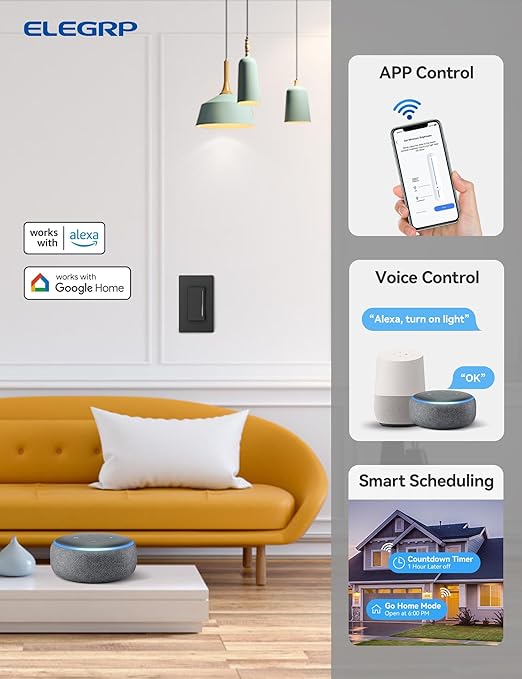 ELEGRP Smart Dimmer Light Switch DTR10, Single Pole Setup, 2.4GHz Wi-Fi Touch...