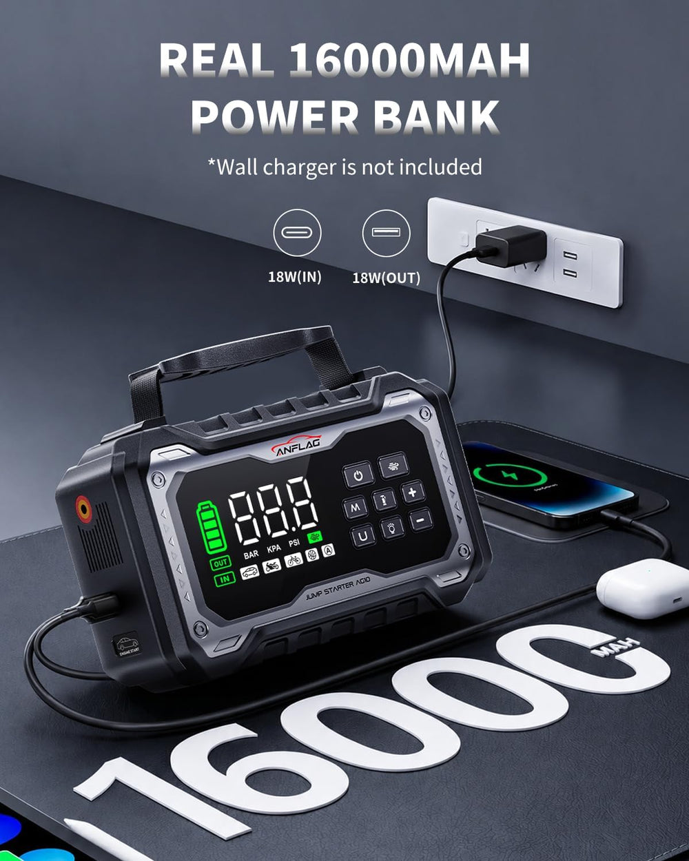 8000A Car Battery Jump Starter with 160PSI Air Compressor 165L/min Blower