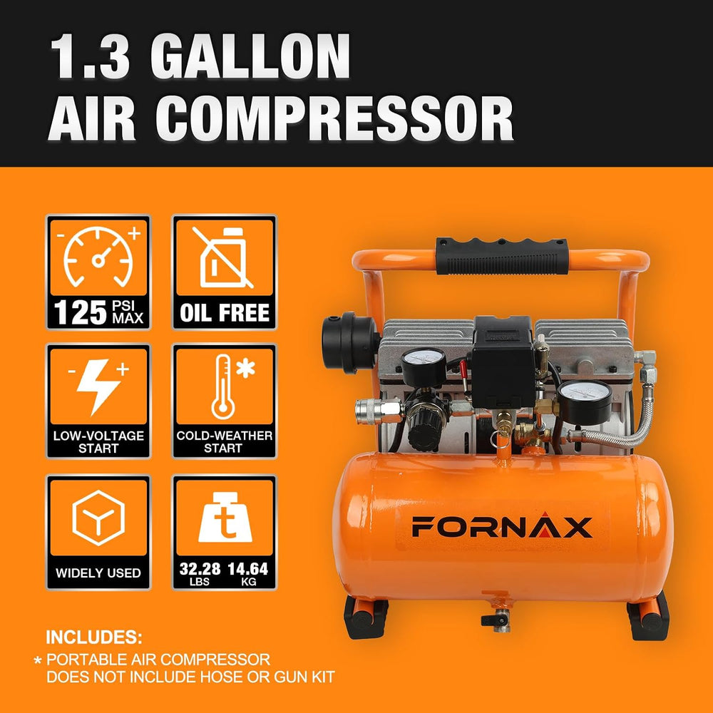 FORNAX Ultra Quiet Air Compressor, 1.3Gallon, 1HP, 65dB Silent Oil-Free Porta...