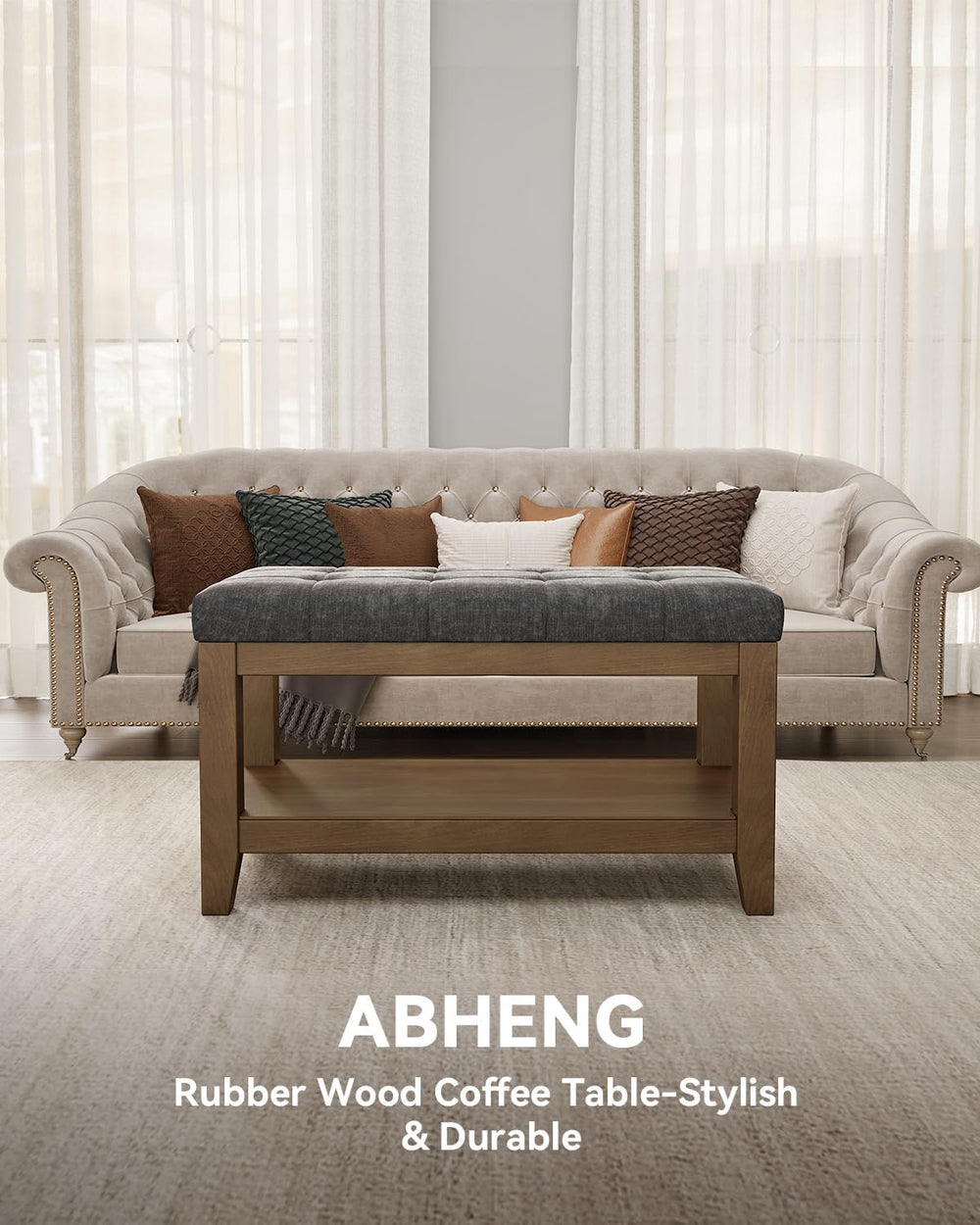 ABHENG Solid Rubber Wood Shoe Bench, Soft Chenille Material Upholstered Seat,...