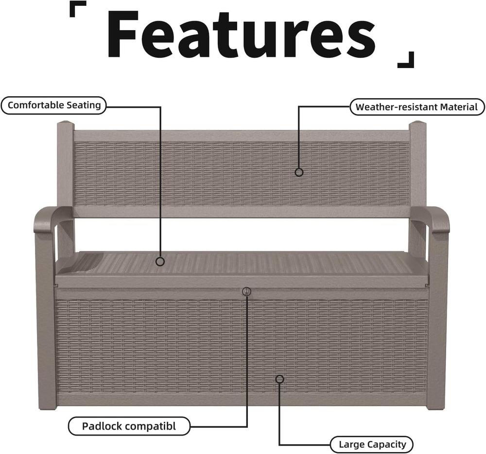 80 Gallon Storage Bench Deck Box Resin Patio Furniture with Armrest, Waterpro...