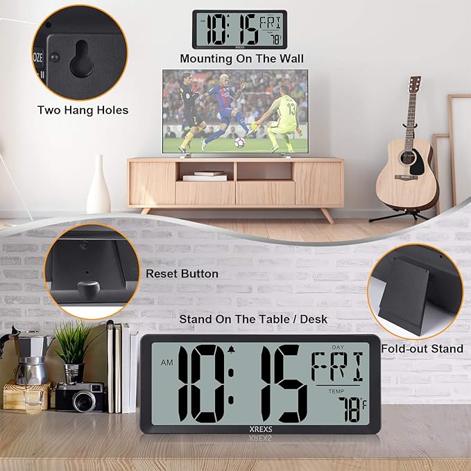 XREXS Large Digital Wall Clock, Battery Operated Alarm Clocks