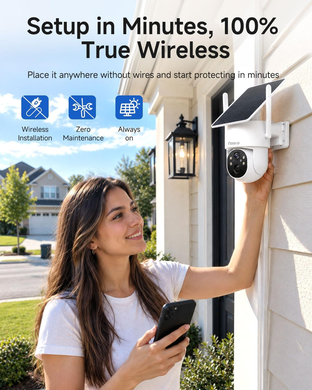 Noorio 2K 4MP Solar Security Camera Outdoor Wireless 360° PTZ, WiFi 6, IP65