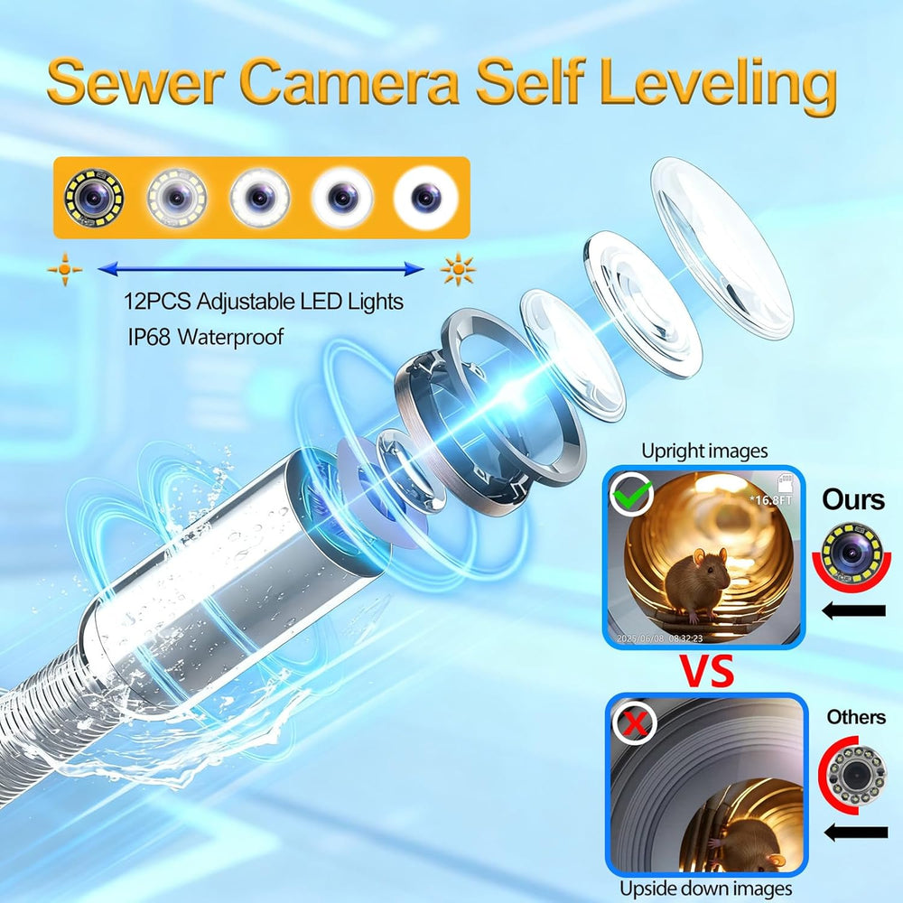Sewer Camera with Locator,Self Leveling,165FT/50M,Retractable Handle,7MM Cabl...