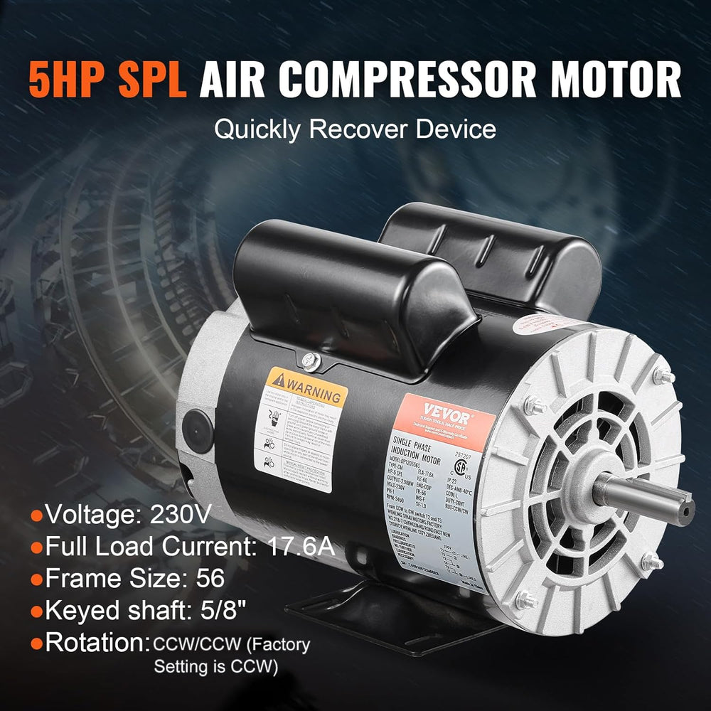 VEVOR 5HP SPL Air Compressor Electric Motor 230V 17.6Amps 56 Frame 3450RPM