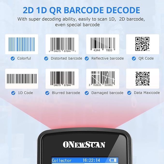 ONEWSCAN Wireless Barcode Scanner, Portable Inventory Scanner 1D&2D&P...