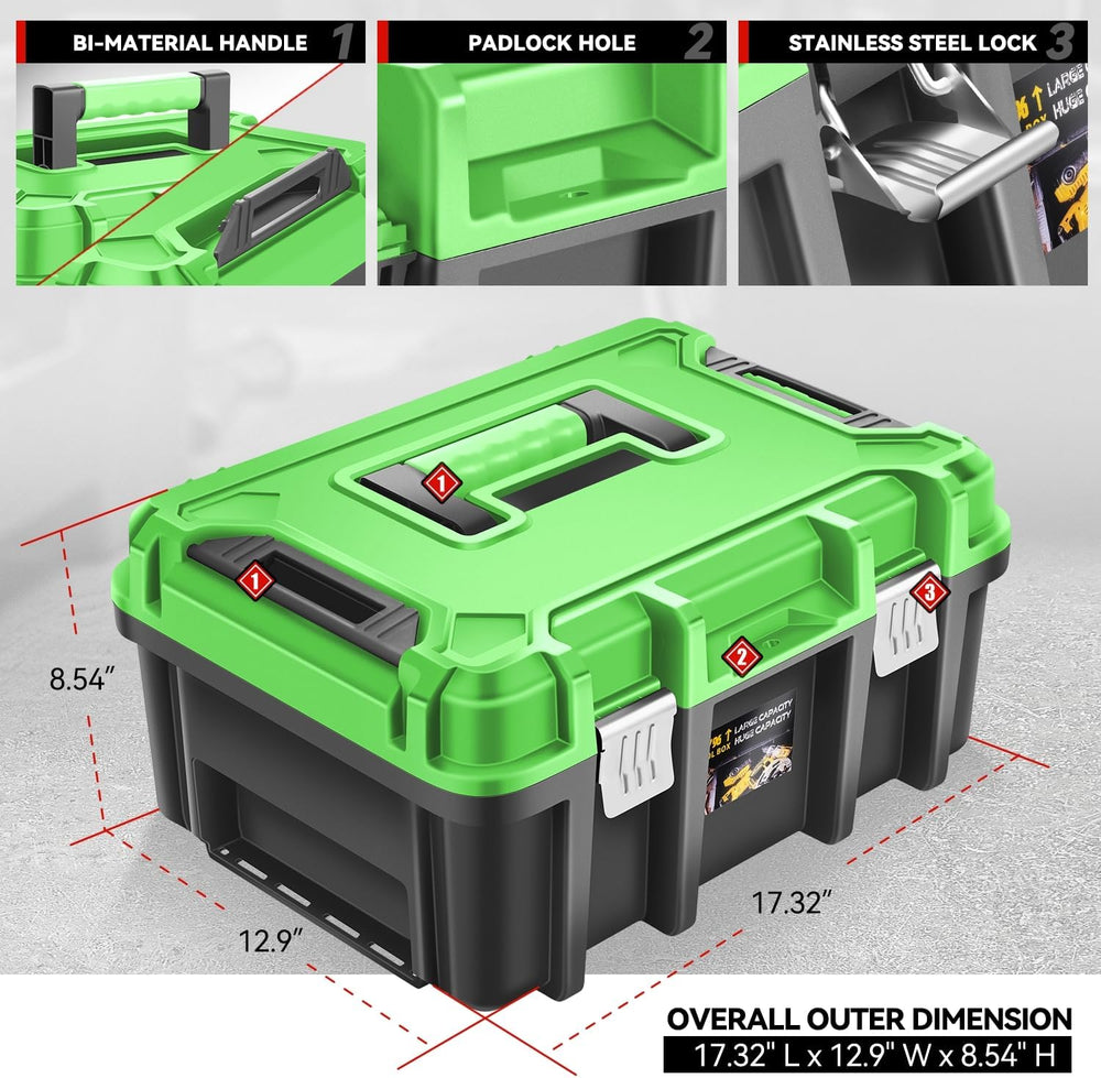 Auto Dynasty 17" Tool Box 2Pcs Lockable, Portable w/Removable Tray, Green