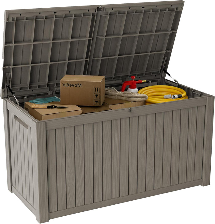 180 Gallon Deck Boxes Outdoor Waterproof, Outdoor Storage Box with Lockable Lid & UV-Resistant for Patio Furniture, Outdoor Cushions, Garden Tools and Pool Supplies, Light Brown
