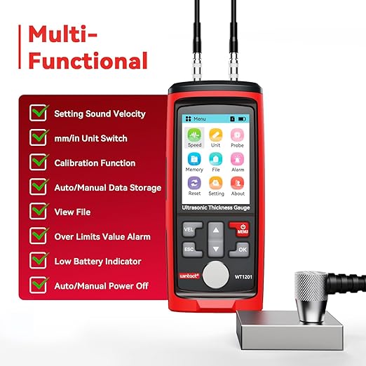 Wintact Digital Ultrasonic Thickness Gauge, Range 0.039 to 11.81 in