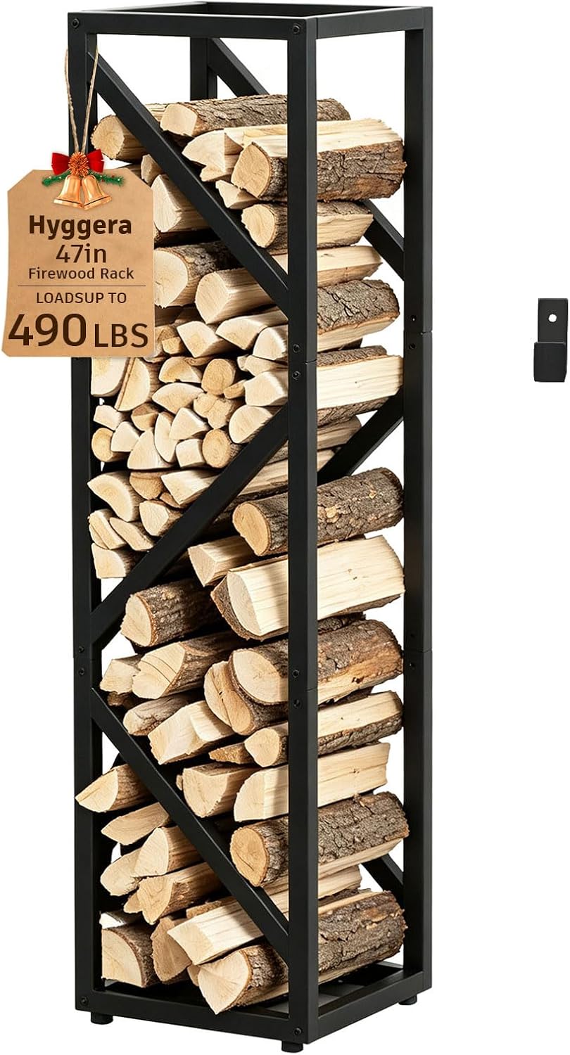 Firewood Rack Indoor, 47 Inch Heavy Duty Fireplace Log Holder Anti-Tip Hook